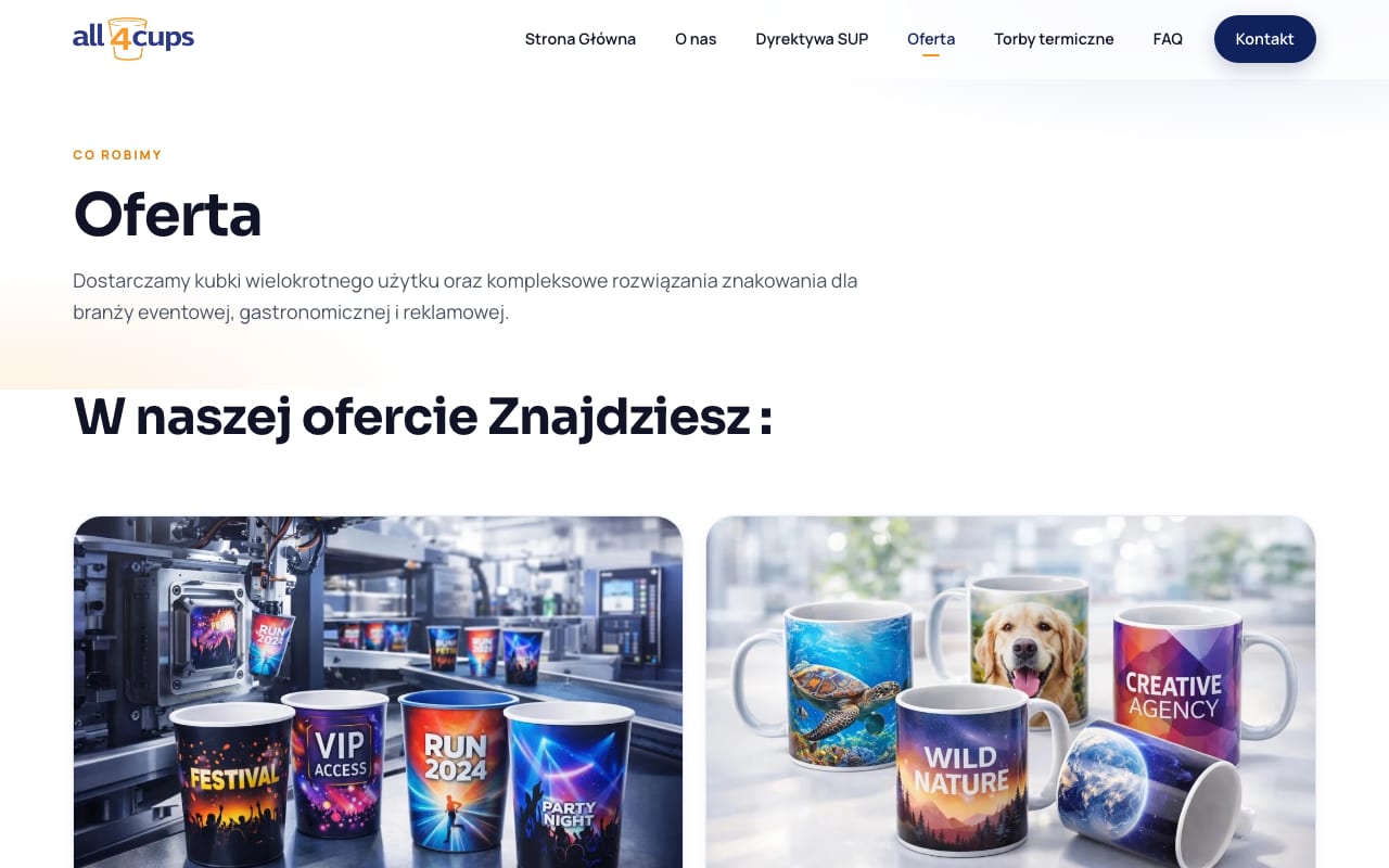 Oferta rozbita na techniki znakowania - IML, druk UV, sublimacja i laser - bo każda ma inne minimum zamówienia.