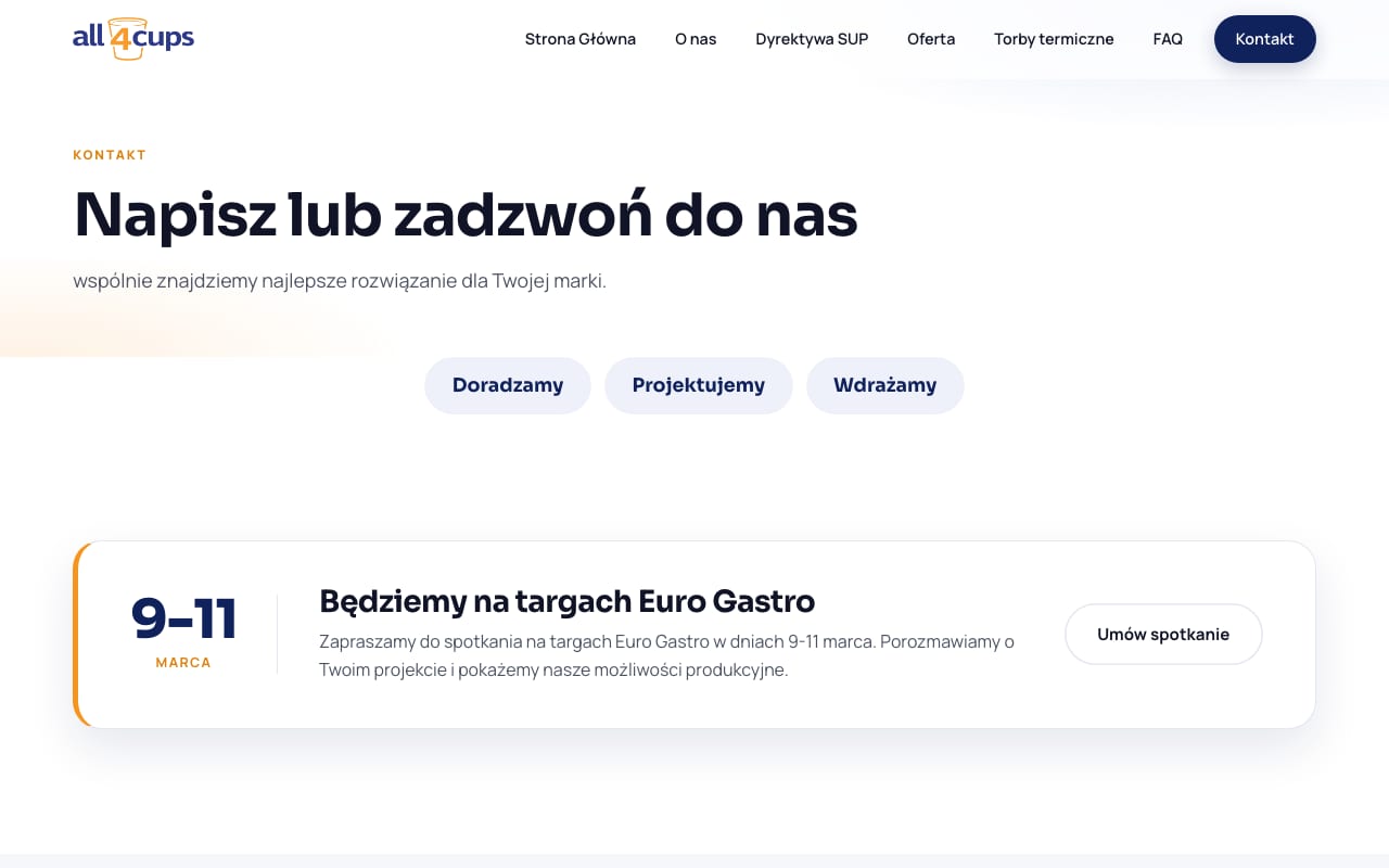 Kontakt z formularzem podpiętym do Contact Form 7 i informacją o targach Euro Gastro.