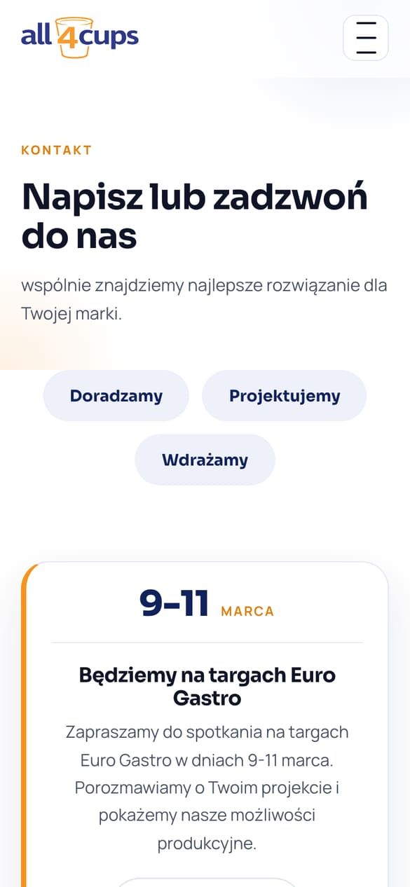 Kontakt z formularzem podpiętym do Contact Form 7 i informacją o targach Euro Gastro. (telefon)