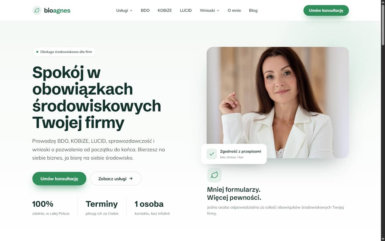 Hero z podwójnym CTA i statystykami zaufania: 100% zdalnie, pilnowanie terminów, jedna osoba kontaktu.