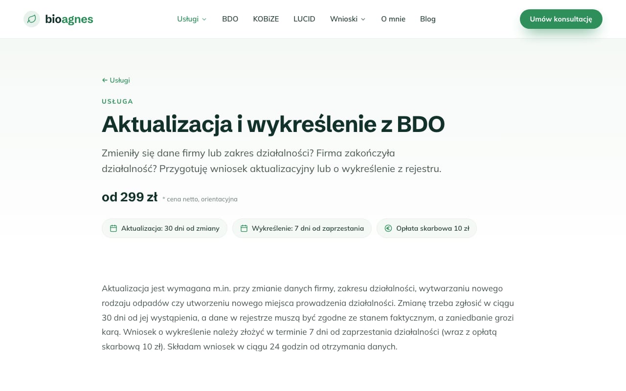 Podstrona usługi BDO: cena od 299 zł, terminy aktualizacji i wykreślenia, treść pod konkretne zapytanie.