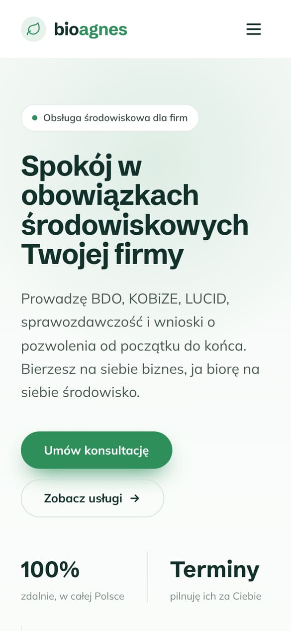 Hero z podwójnym CTA i statystykami zaufania: 100% zdalnie, pilnowanie terminów, jedna osoba kontaktu. (telefon)