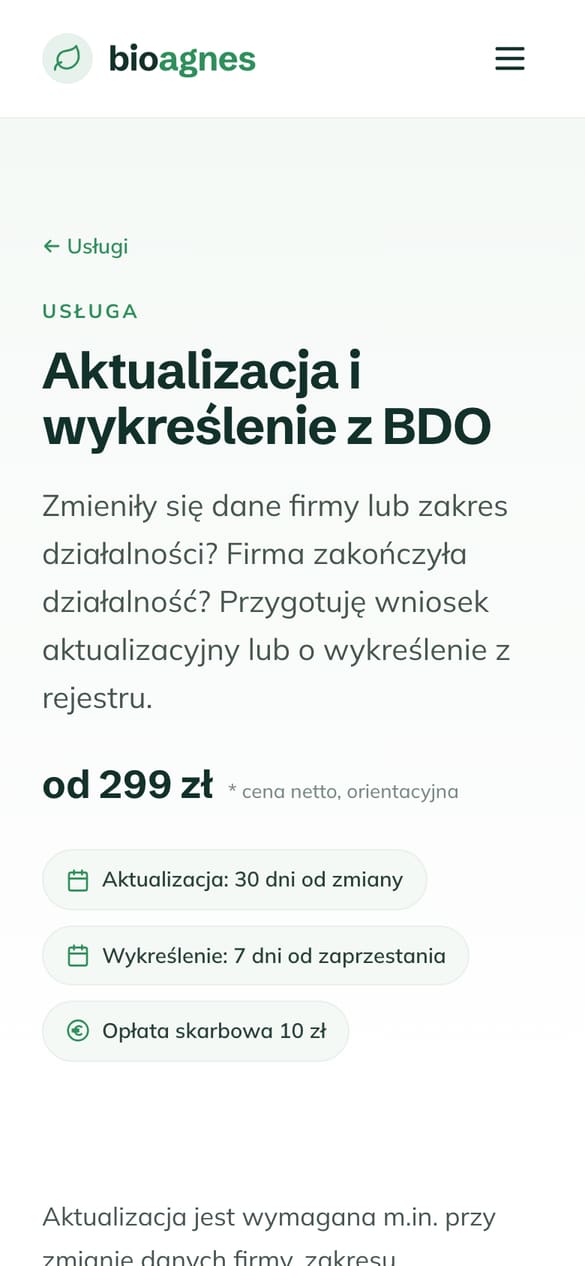 Podstrona usługi BDO: cena od 299 zł, terminy aktualizacji i wykreślenia, treść pod konkretne zapytanie. (telefon)
