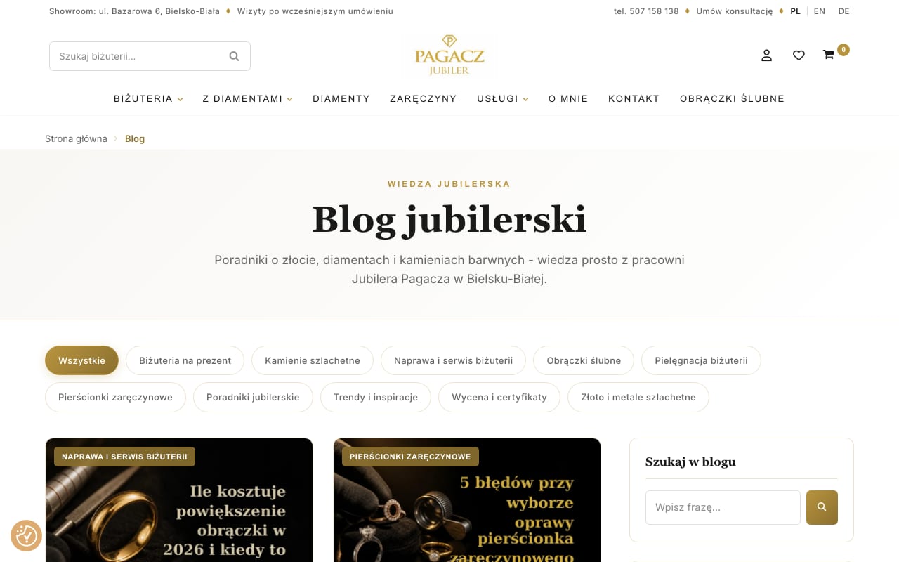 Listing bloga: filtry kategorii i siatka wpisów generowanych codziennie z Search Console.