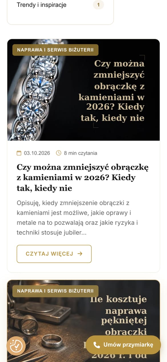 Blog jubilera: kategorie z licznikami i generowane grafiki z nakładką tekstową. (telefon)