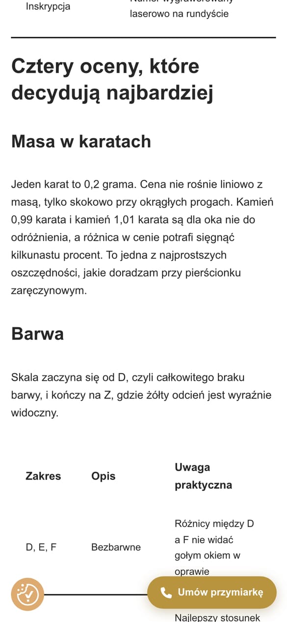 Artykuł GPT-5: tabela parametrów certyfikatu i głos rzeczoznawcy zamiast ogólników o biżuterii. (telefon)