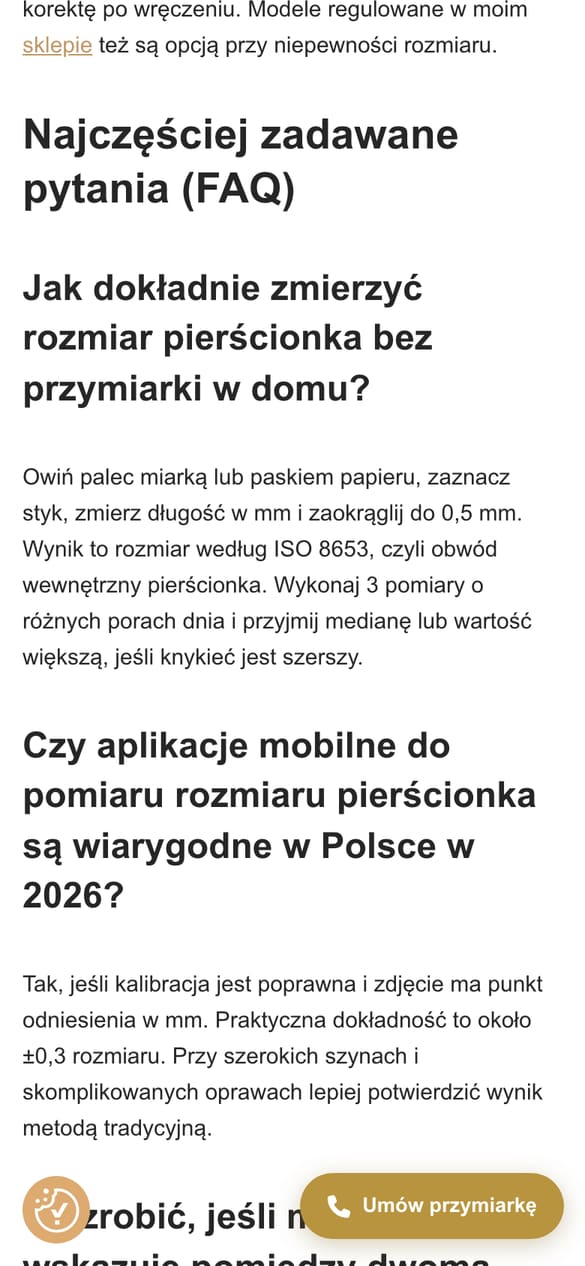 Sekcja FAQ na końcu artykułu. Motyw sklepu zamienia ją w dane strukturalne FAQPage, więc bot nie wstrzykuje schematu sam. (telefon)