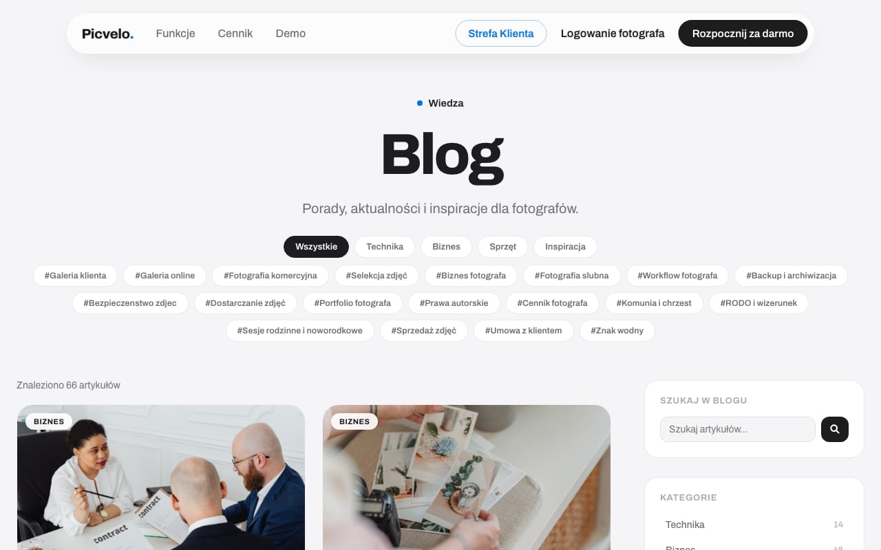 Aktualny listing bloga - jeden język, tematy z klastra komercyjnego, publikacja tylko przez PR.