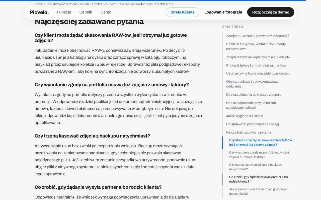 FAQ z konkretnymi odpowiedziami i spis treści, który śledzi czytaną sekcję.