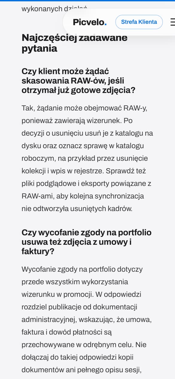 FAQ z konkretnymi odpowiedziami i spis treści, który śledzi czytaną sekcję. (telefon)