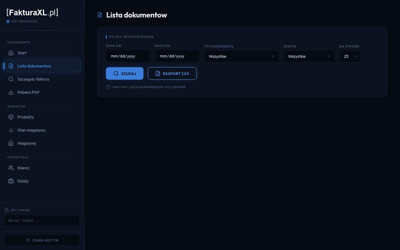 Lista dokumentów z filtrami po dacie, typie i statusie. Pod przyciskami aplikacja podaje limit API dla tego widoku: jedno zapytanie na pięć sekund.