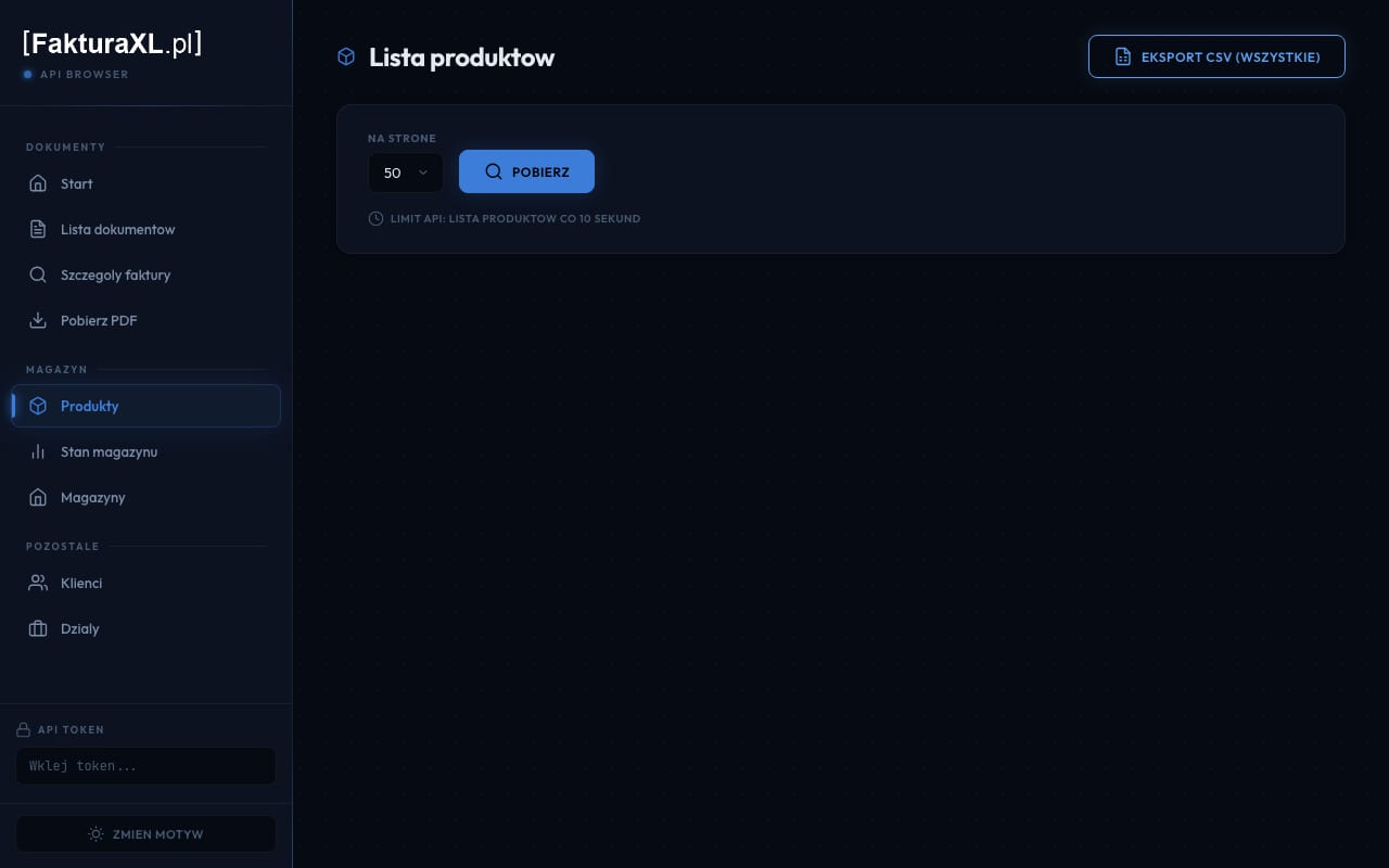 Produkty z eksportem CSV całego katalogu. Tutaj limit to jedno zapytanie na dziesięć sekund, więc eksport idzie stronami z paskiem postępu.