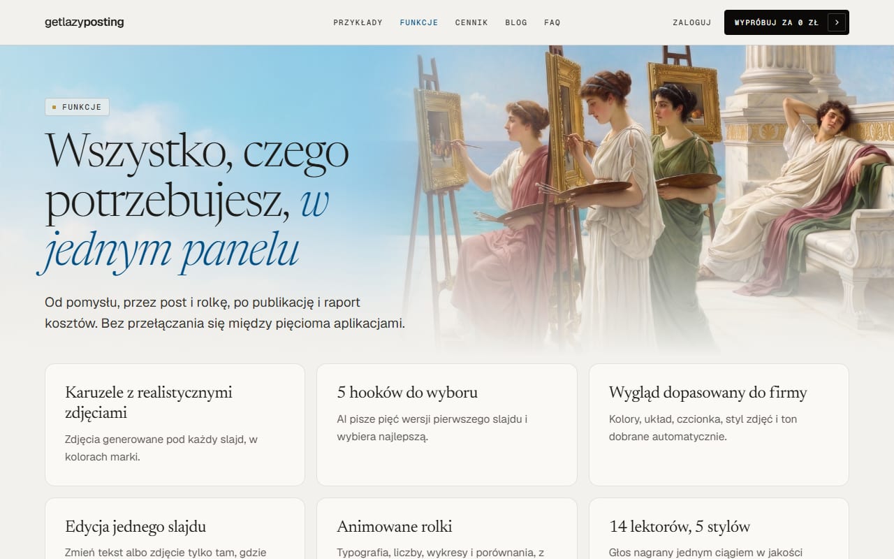 Funkcje: karuzele, hooki do wyboru, wygląd dopasowany do firmy, edycja jednego slajdu, rolki i lektorzy.