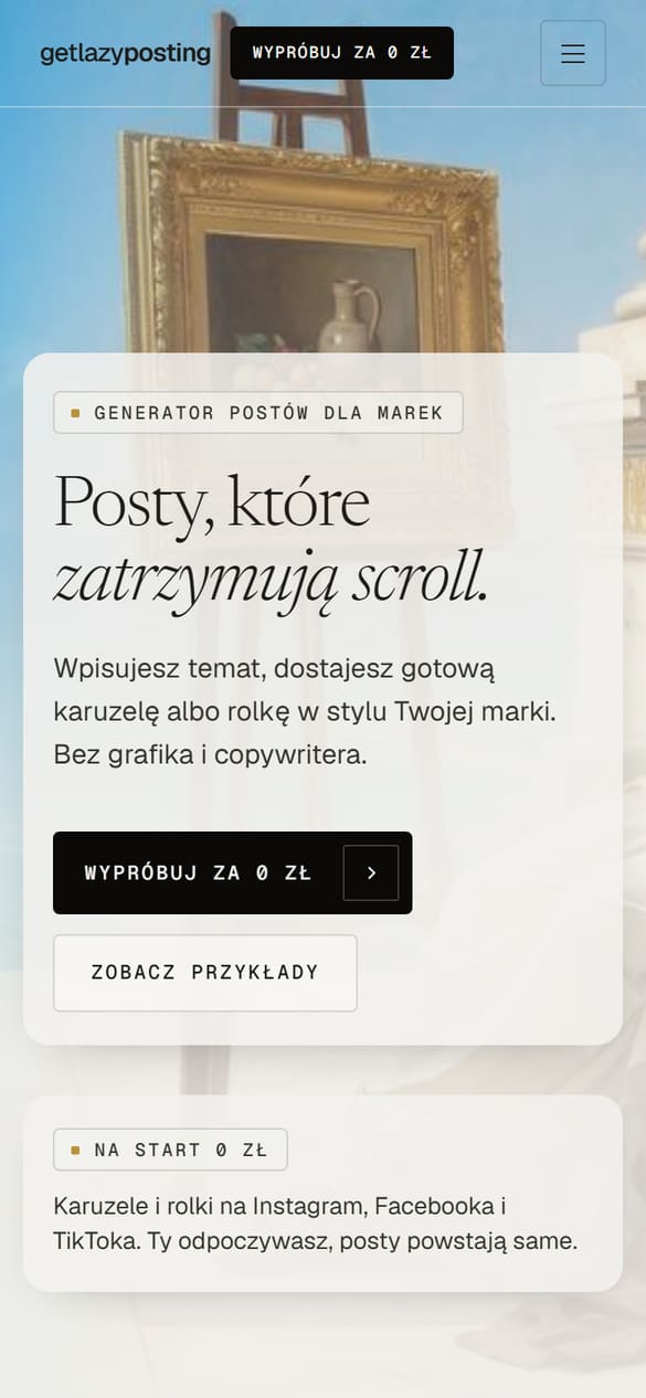 Hero: obraz olejny zamiast makiety telefonu, jedno zdanie o tym, co robi produkt, i plan za 0 zł. (telefon)