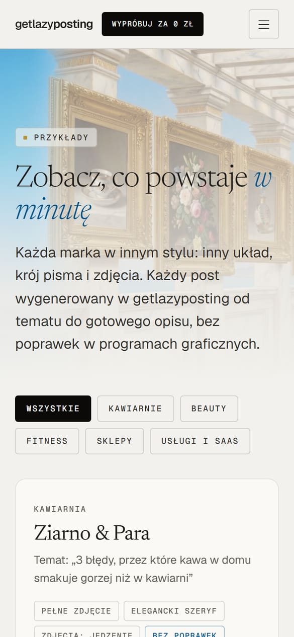 Przykłady z panelu z filtrem branż: kawiarnie, beauty, fitness, sklepy, usługi. Przy każdym temat, od którego zaczął się post. (telefon)