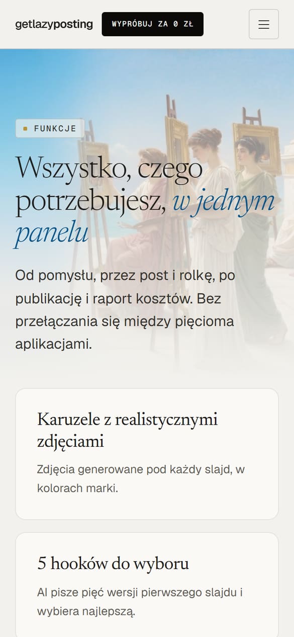 Funkcje: karuzele, hooki do wyboru, wygląd dopasowany do firmy, edycja jednego slajdu, rolki i lektorzy. (telefon)