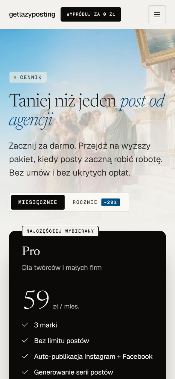 Cennik w trzech planach z przełącznikiem miesięcznie / rocznie. Treść i ceny edytuje się w panelu admina. (telefon)