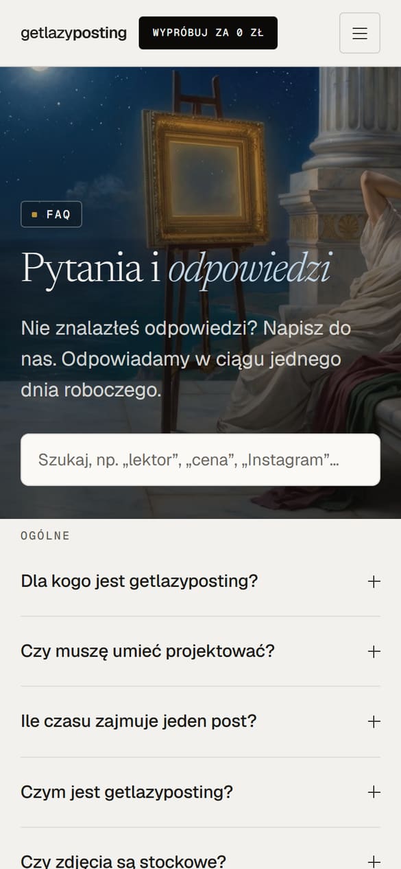 FAQ z wyszukiwarką pytań, np. „lektor”, „cena”, „Instagram”. (telefon)