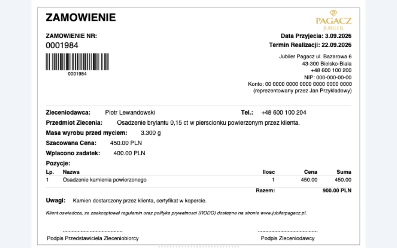 Wydruk zlecenia wychodzi z aplikacji: kod kreskowy Code128, dane firmy, pozycje, klauzula RODO i podpisy. Na jednej kartce A4 są dwie takie kopie - jedna zostaje u jubilera, druga u klienta.