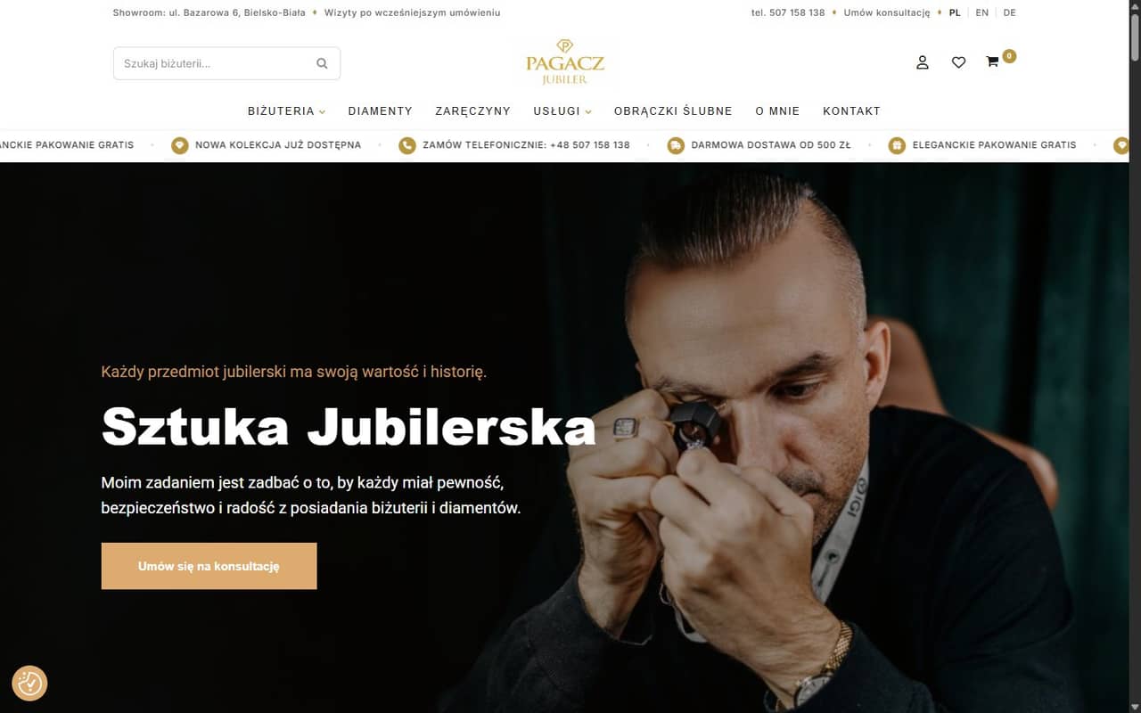 Hero salonu - Tomasz Pagacz przy lupie gemmologicznej, CTA na konsultację.