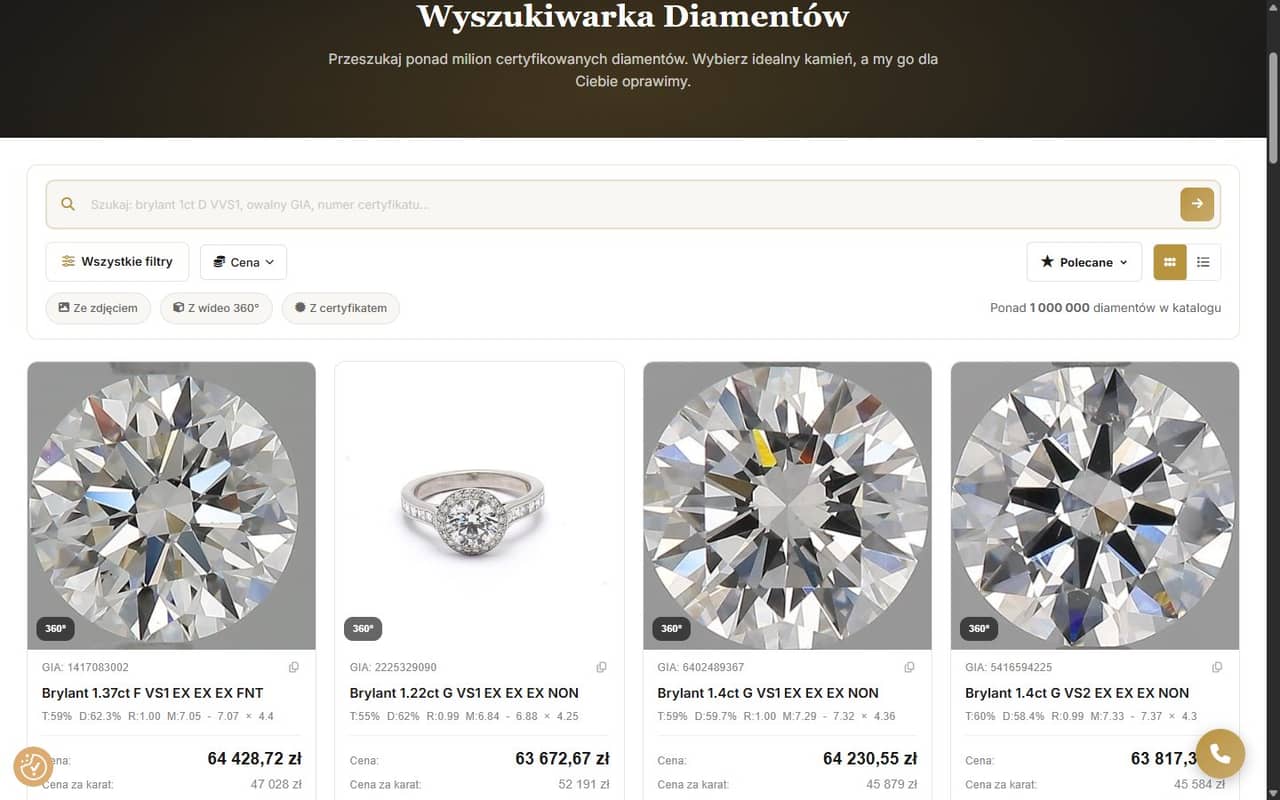 Wyszukiwarka diamentów: filtry, przełącznik siatka/lista i licznik „ponad 1 000 000 diamentów w katalogu" - dane lecą z API Nivoda.