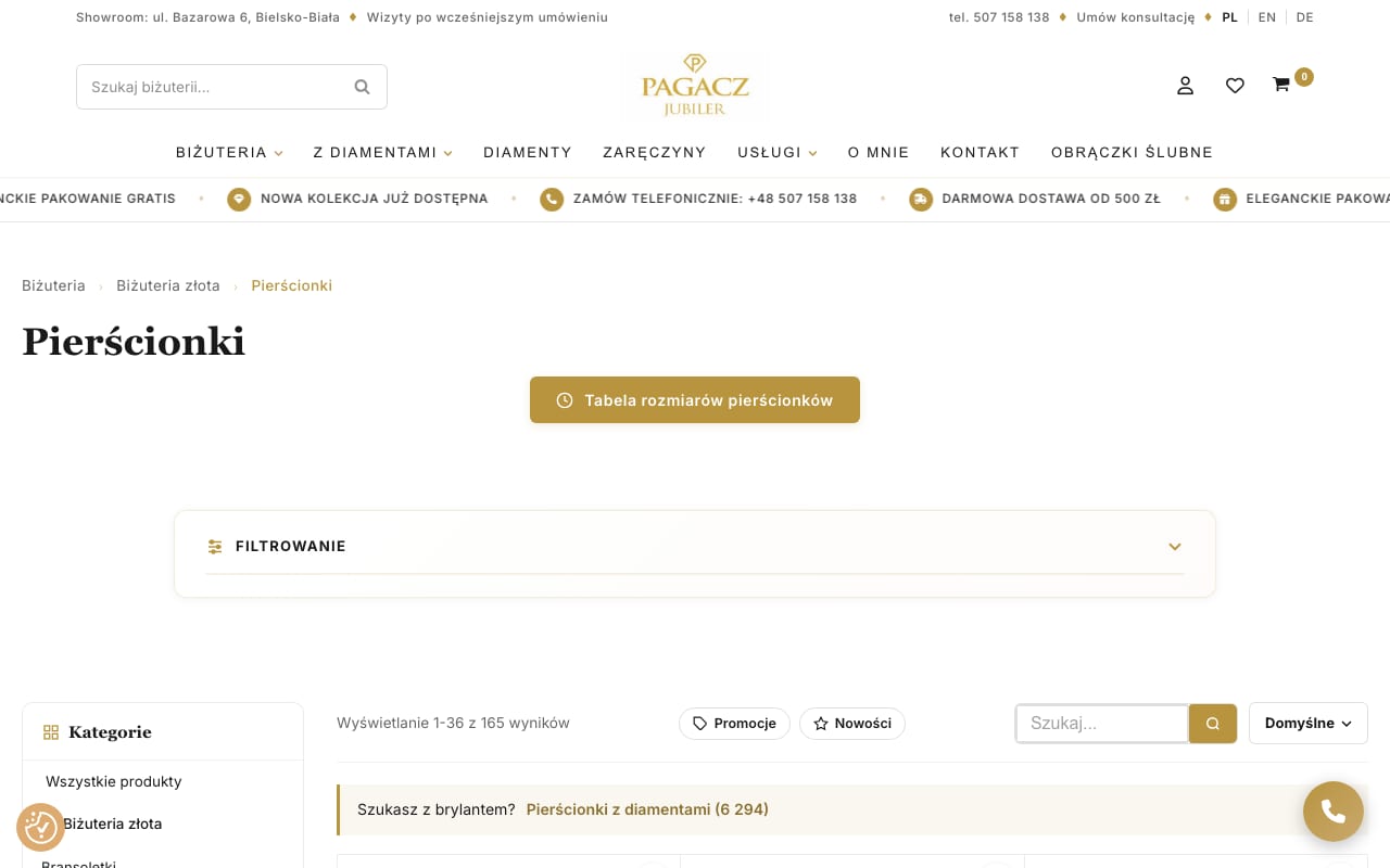 Listing pierścionków: filtry, 165 wyników i CTA do pierścionków z diamentami.
