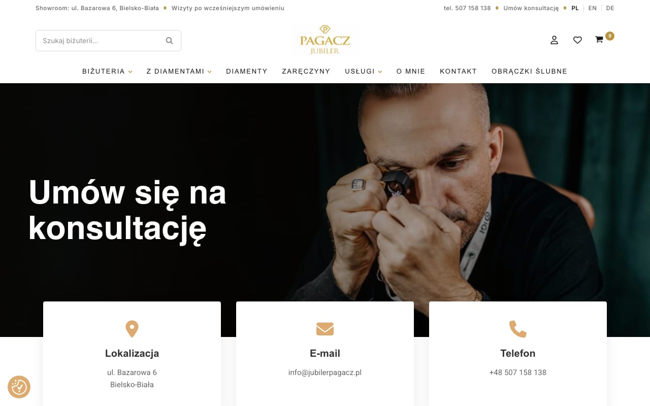 Kontakt i umówienie konsultacji - lokalizacja showroomu, e-mail i telefon na kartach pod hero.