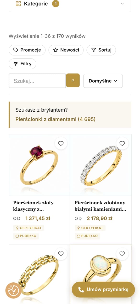 Kategoria pierścionków: drzewo kategorii po lewej, siatka produktów z oznaczeniami certyfikatu i pudełka. (telefon)