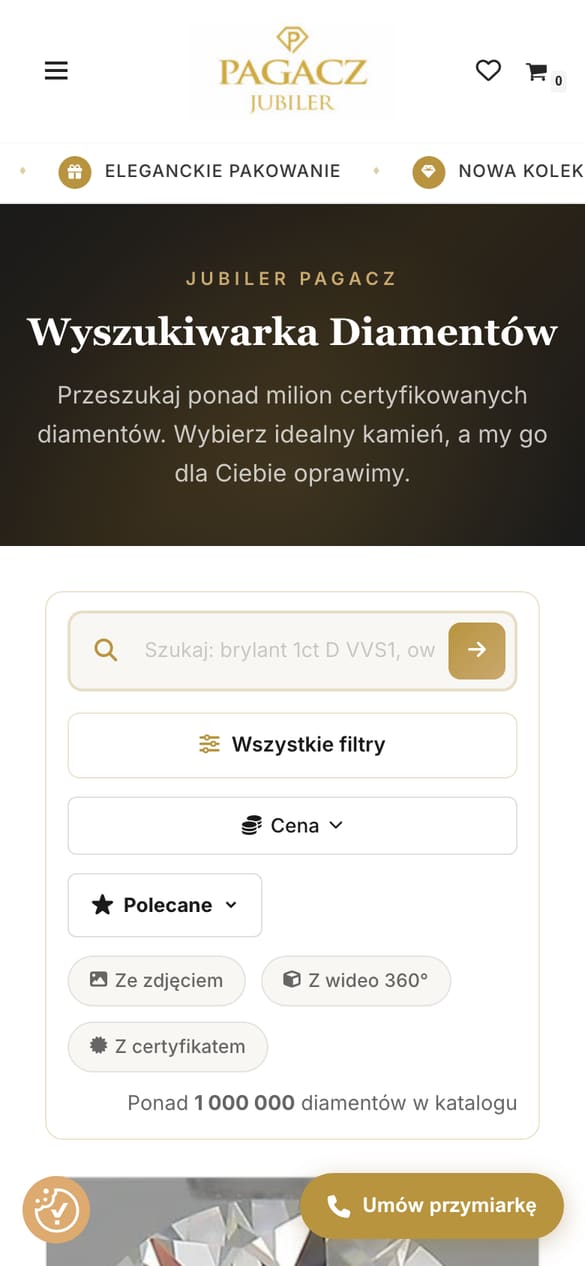 Wyszukiwarka diamentów: filtry, przełącznik siatka/lista i licznik „ponad 1 000 000 diamentów w katalogu" - dane lecą z API Nivoda. (telefon)