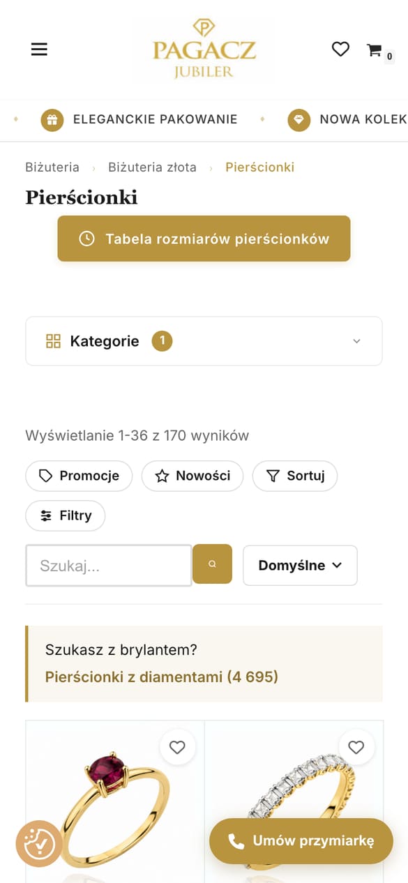 Listing pierścionków: filtry, 165 wyników i CTA do pierścionków z diamentami. (telefon)