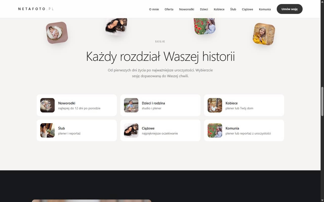Sekcja sesji: każdy rodzaj fotografii z własną kartą i wejściem w podstronę.