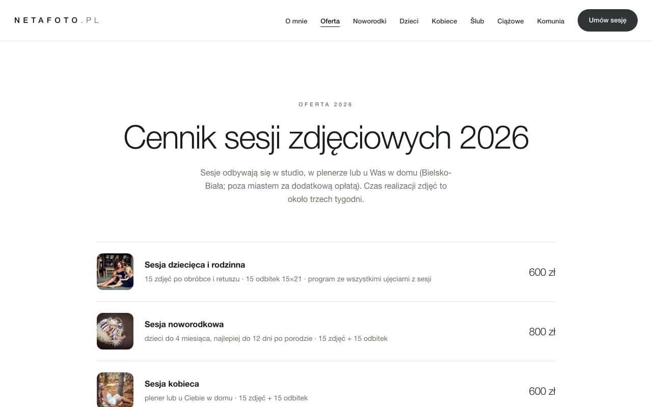 Cennik 2026 na wierzchu: rodzaj sesji, zakres i kwota w jednym wierszu - bez „wyceny indywidualnej".