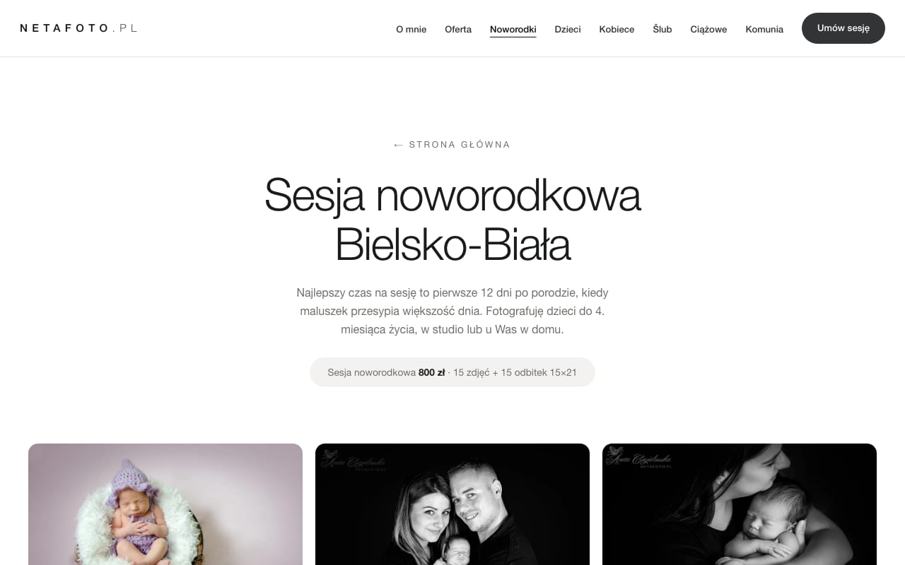 Podstrona sesji noworodkowej: opis, cena i siatka kadrów z portfolio.