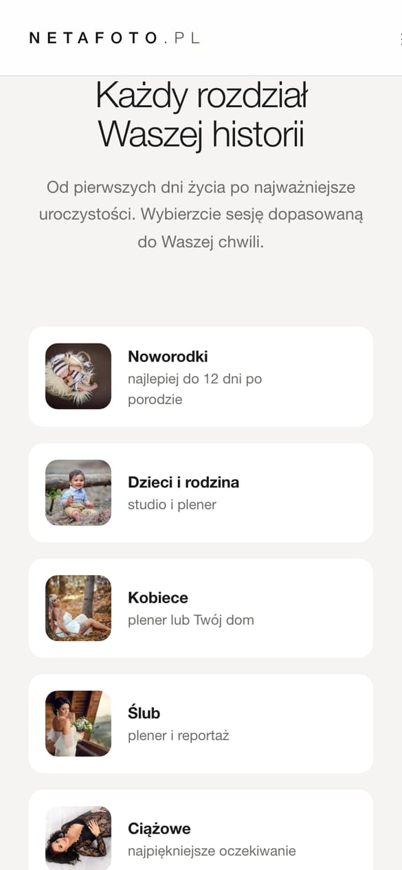 Sekcja sesji: każdy rodzaj fotografii z własną kartą i wejściem w podstronę. (telefon)