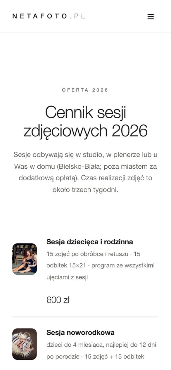 Cennik 2026 na wierzchu: rodzaj sesji, zakres i kwota w jednym wierszu - bez „wyceny indywidualnej". (telefon)