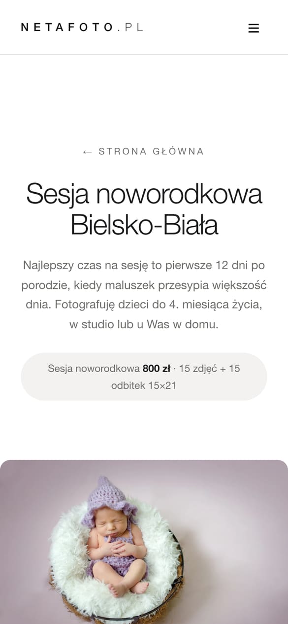 Podstrona sesji noworodkowej: opis, cena i siatka kadrów z portfolio. (telefon)