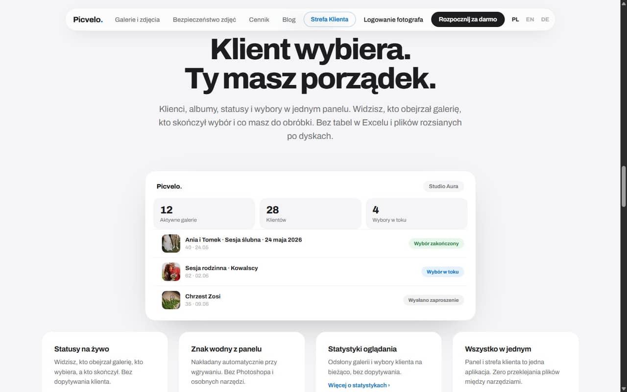 Panel: aktywne galerie, klienci i sesje ze statusem wyboru.