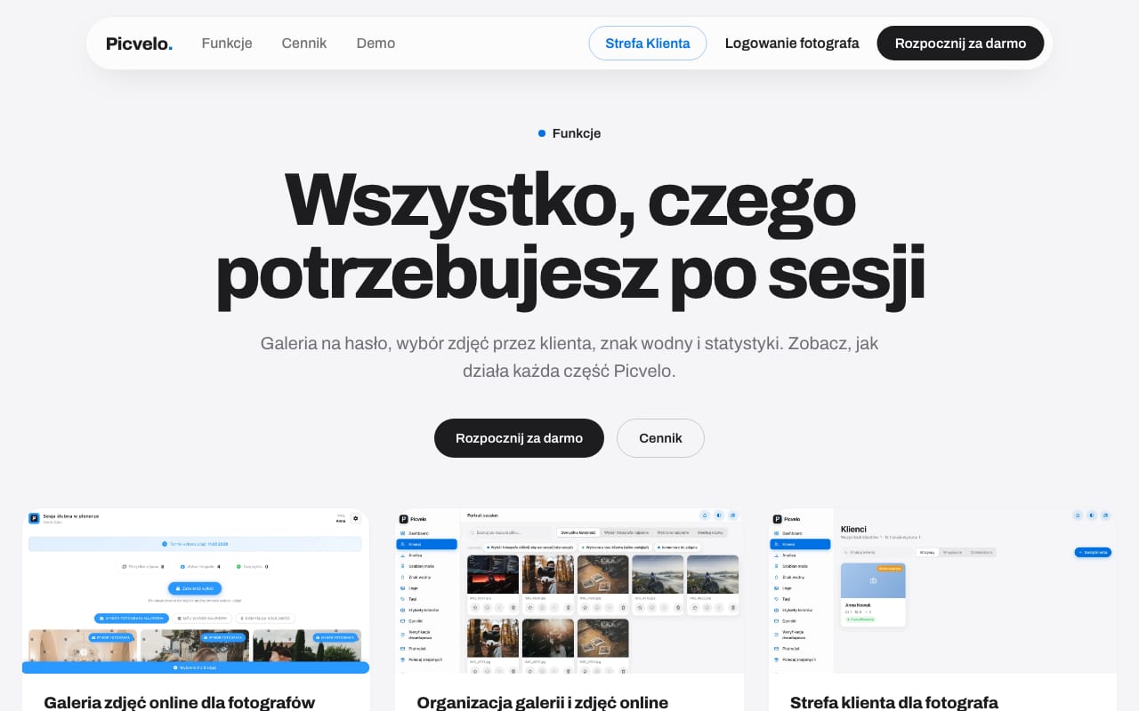 Strona funkcji: galeria, organizacja zdjęć i strefa klienta - każda z podglądem UI.