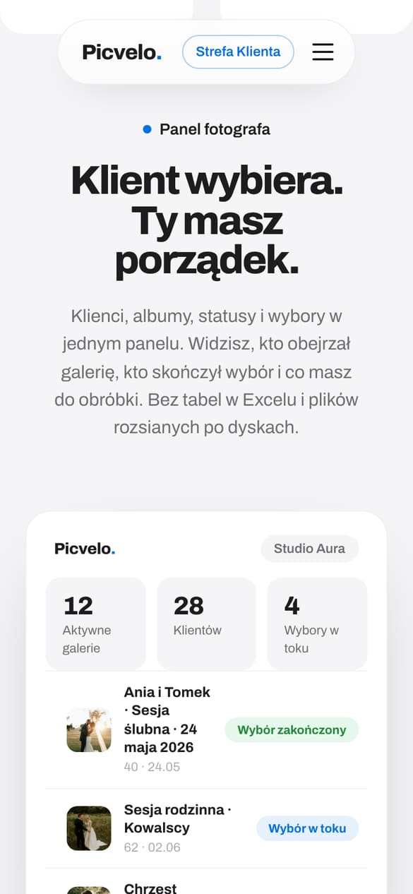 Panel: aktywne galerie, klienci i sesje ze statusem wyboru. (telefon)