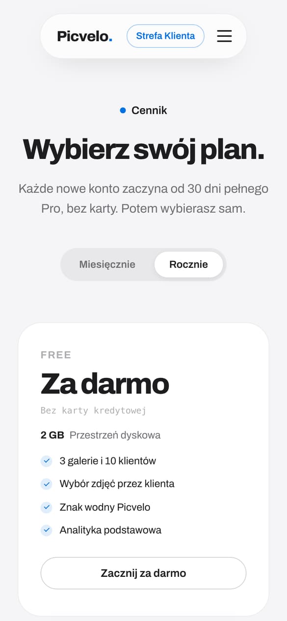 Cennik Free / Pro / Studio z rozliczeniem miesięcznym i rocznym, 30 dni Pro za darmo. (telefon)