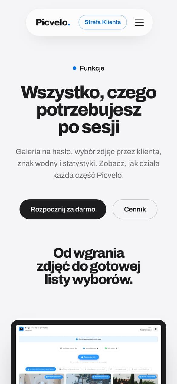 Strona funkcji: galeria, organizacja zdjęć i strefa klienta - każda z podglądem UI. (telefon)