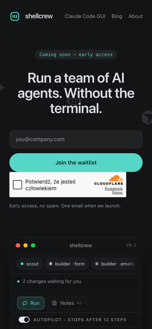Hero: jedno zdanie, jedno pole e-mail i makieta aplikacji zamiast listy funkcji. (telefon)