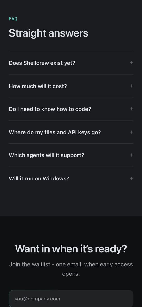 FAQ zaczyna się od pytania „czy Shellcrew już istnieje?" - odpowiedź brzmi „jeszcze nie". (telefon)
