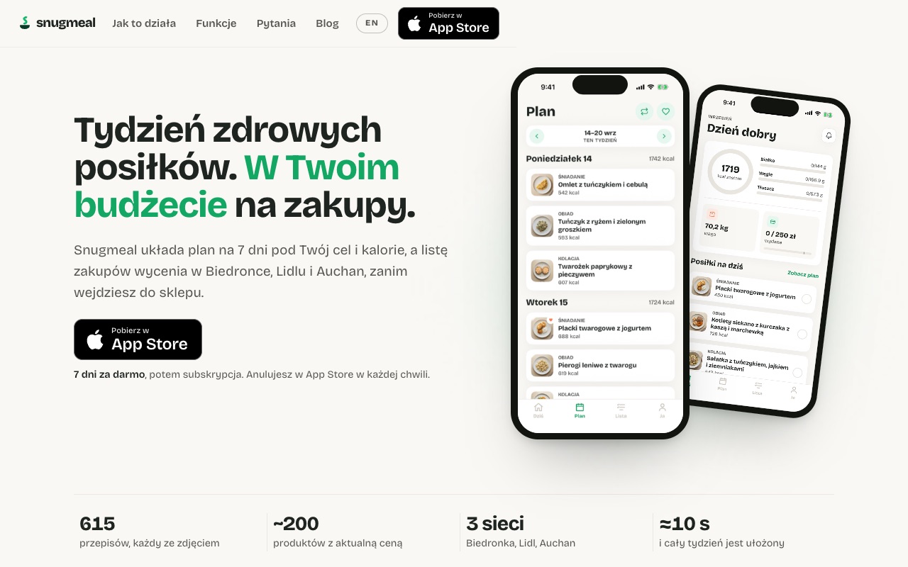 Hero z dwoma ekranami aplikacji i jednym wezwaniem do działania - badge App Store, 7 dni za darmo. Pod spodem pasek liczb z katalogu aplikacji.