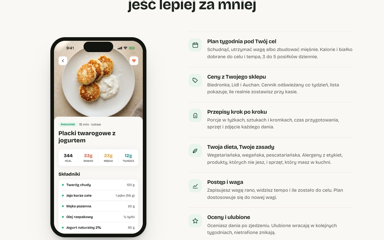 Lista funkcji obok ekranu przepisu - makrosy, czas przygotowania i zdjęcie prosto z katalogu aplikacji.