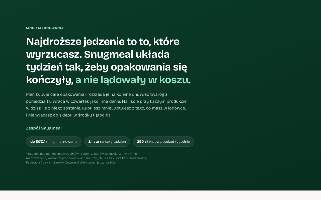 Sekcja o marnowaniu żywności: liczby z przypisem do źródeł (WRAP, Federacja Polskich Banków Żywności), zamiast obietnicy bez pokrycia.