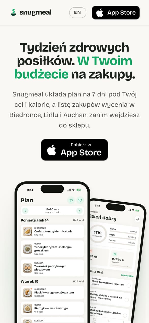 Hero z dwoma ekranami aplikacji i jednym wezwaniem do działania - badge App Store, 7 dni za darmo. Pod spodem pasek liczb z katalogu aplikacji. (telefon)