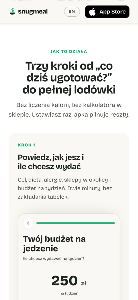 Trzy kroki od budżetu do listy zakupów. Każdy z makietą telefonu liczoną w jednostkach kontenera, nie w pikselach. (telefon)