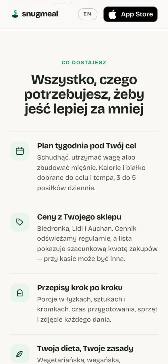 Lista funkcji obok ekranu przepisu - makrosy, czas przygotowania i zdjęcie prosto z katalogu aplikacji. (telefon)