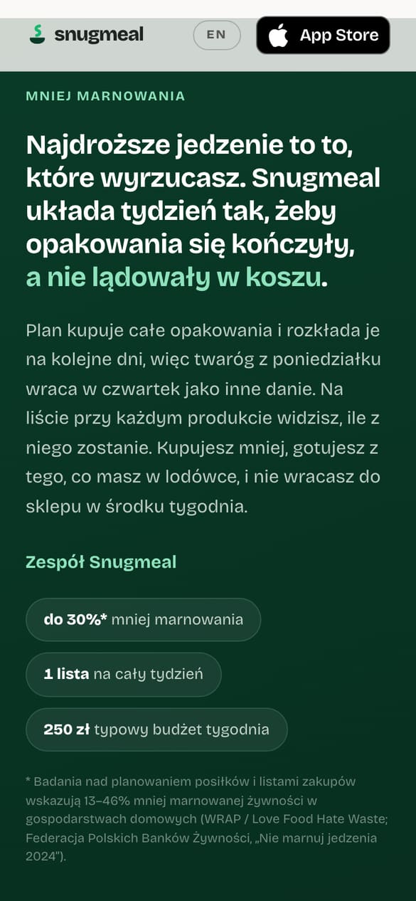 Sekcja o marnowaniu żywności: liczby z przypisem do źródeł (WRAP, Federacja Polskich Banków Żywności), zamiast obietnicy bez pokrycia. (telefon)